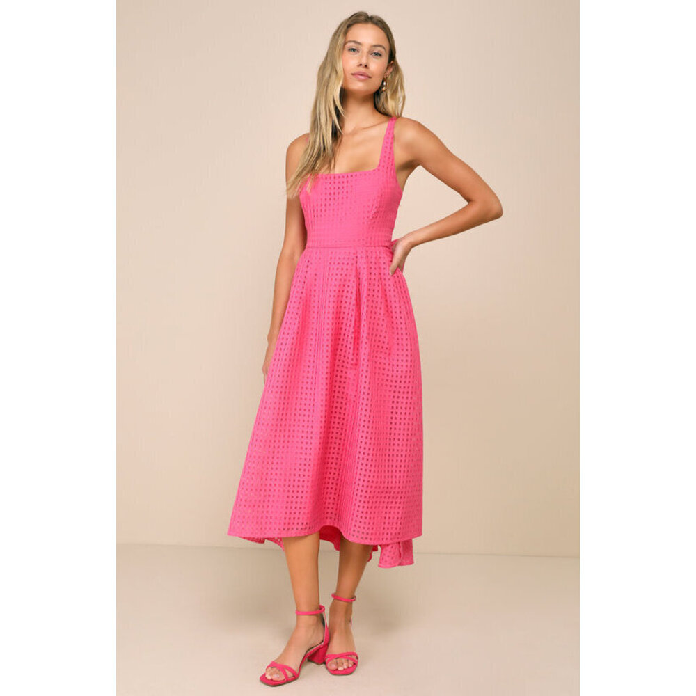 Lulus Definitely Stunning Hot Pink Gingham Burnout Midi Dress - Size XS